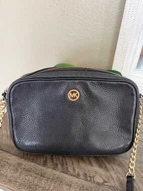 Michael Kors Black Pebbled Leather Crossbody Bag with Gold Hardware